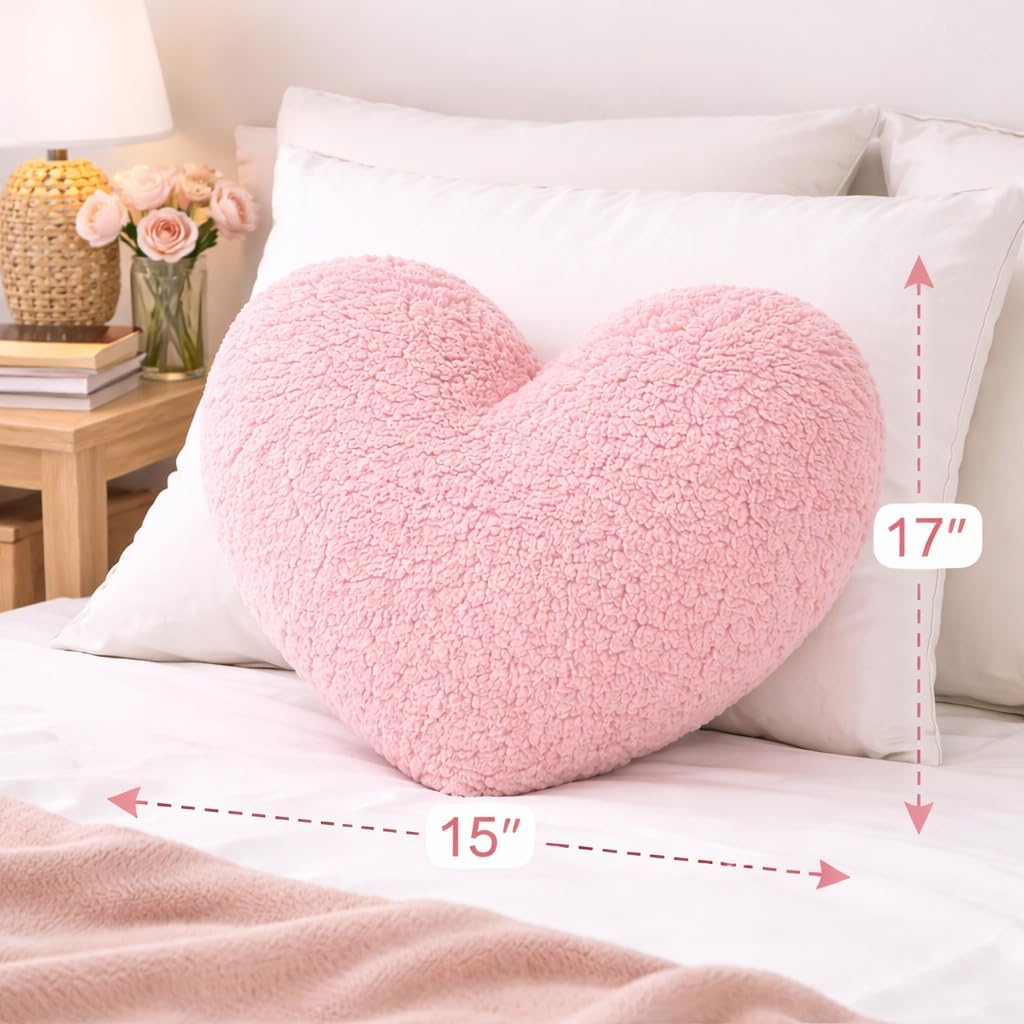 Pink Sherpa Heart‑Shaped Pillow 15"×17"