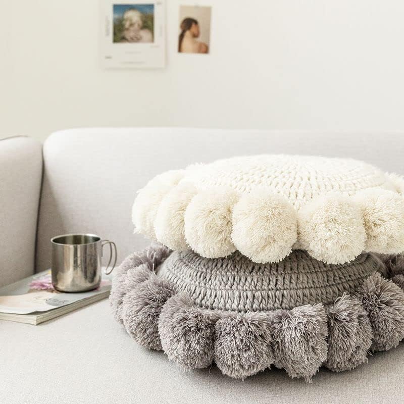 Grey Knitted Pompom Round Pillow 18 Inch