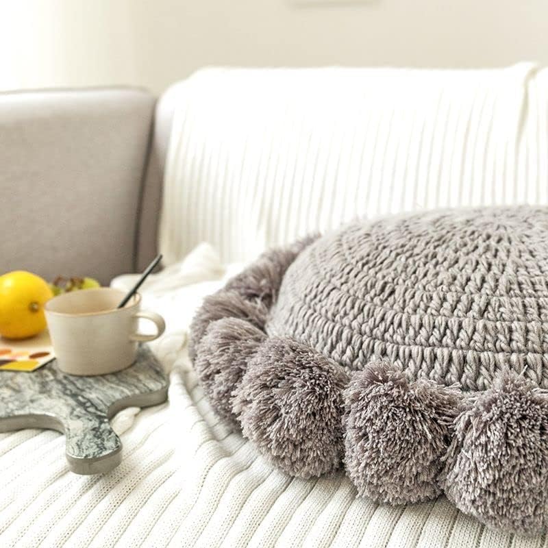 Grey Knitted Pompom Round Pillow 18 Inch