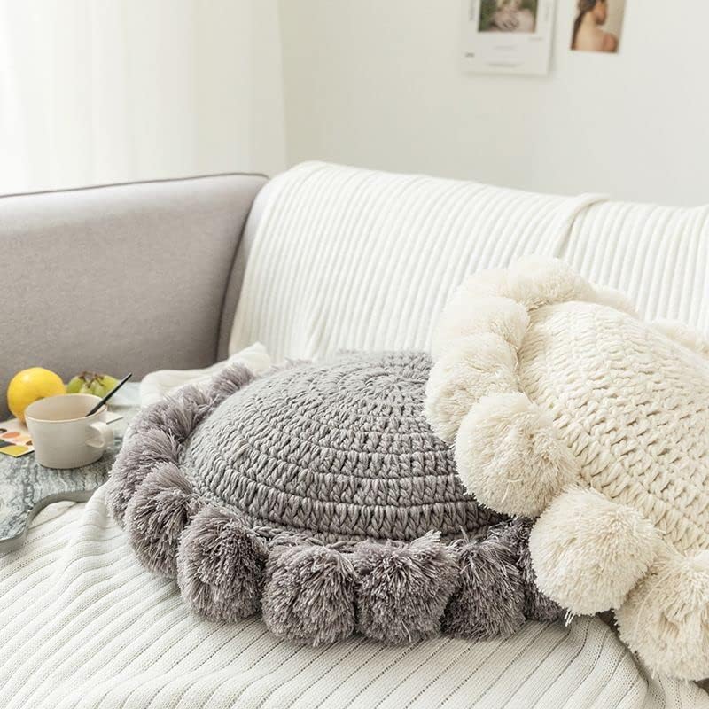 Grey Knitted Pompom Round Pillow 18 Inch