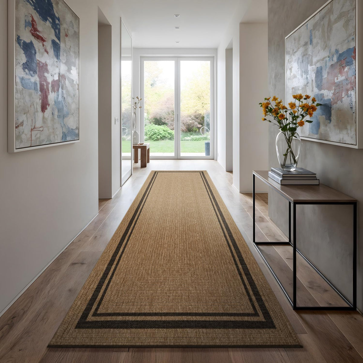 Natural Jute Bordered Runner Rug 2×7 Ft Washable