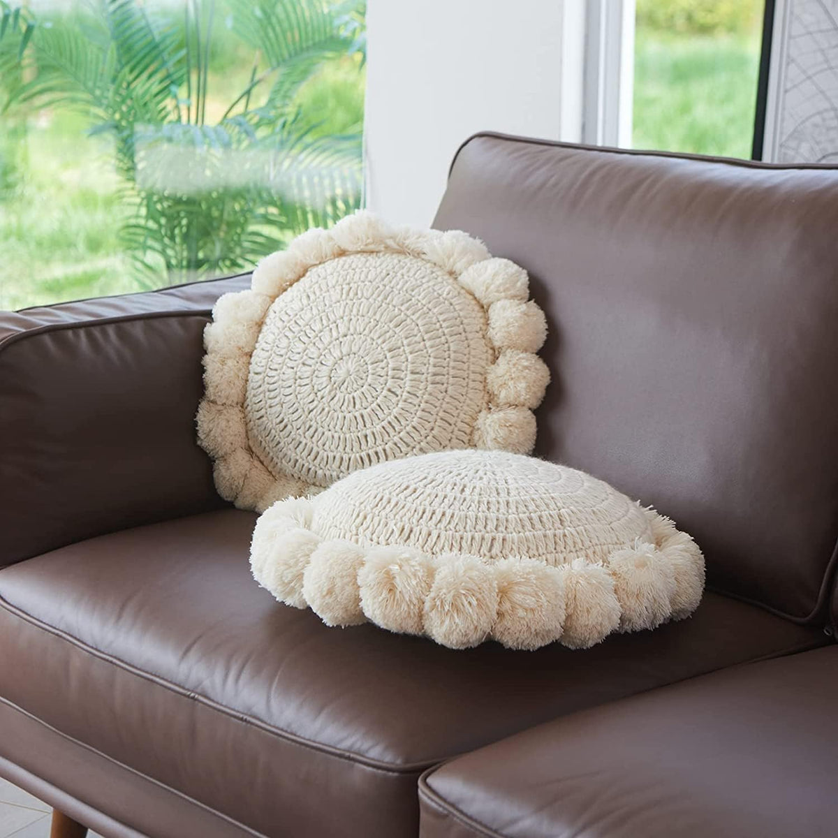 Beige Crochet Pom‑Pom Round Pillow 18 Inch