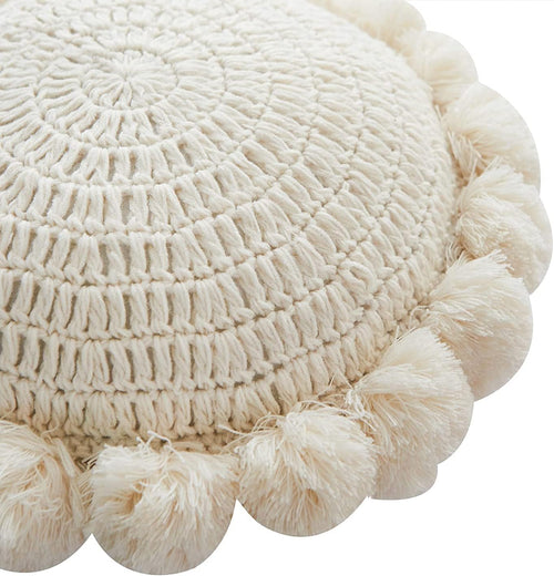 Beige Crochet Pom‑Pom Round Pillow 18 Inch