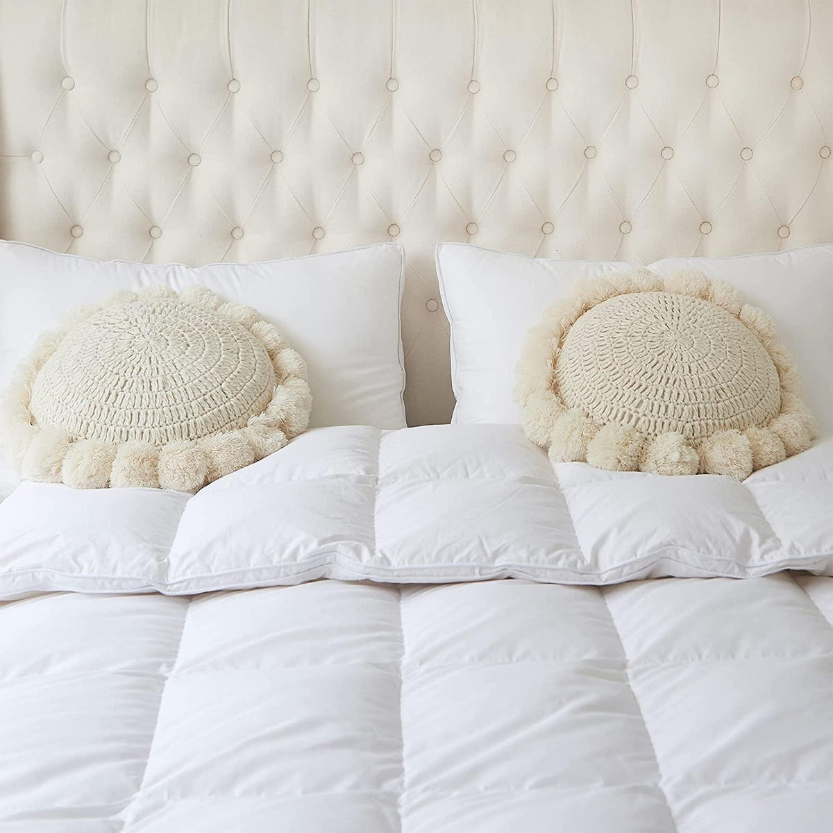 Beige Crochet Pom‑Pom Round Pillow 18 Inch
