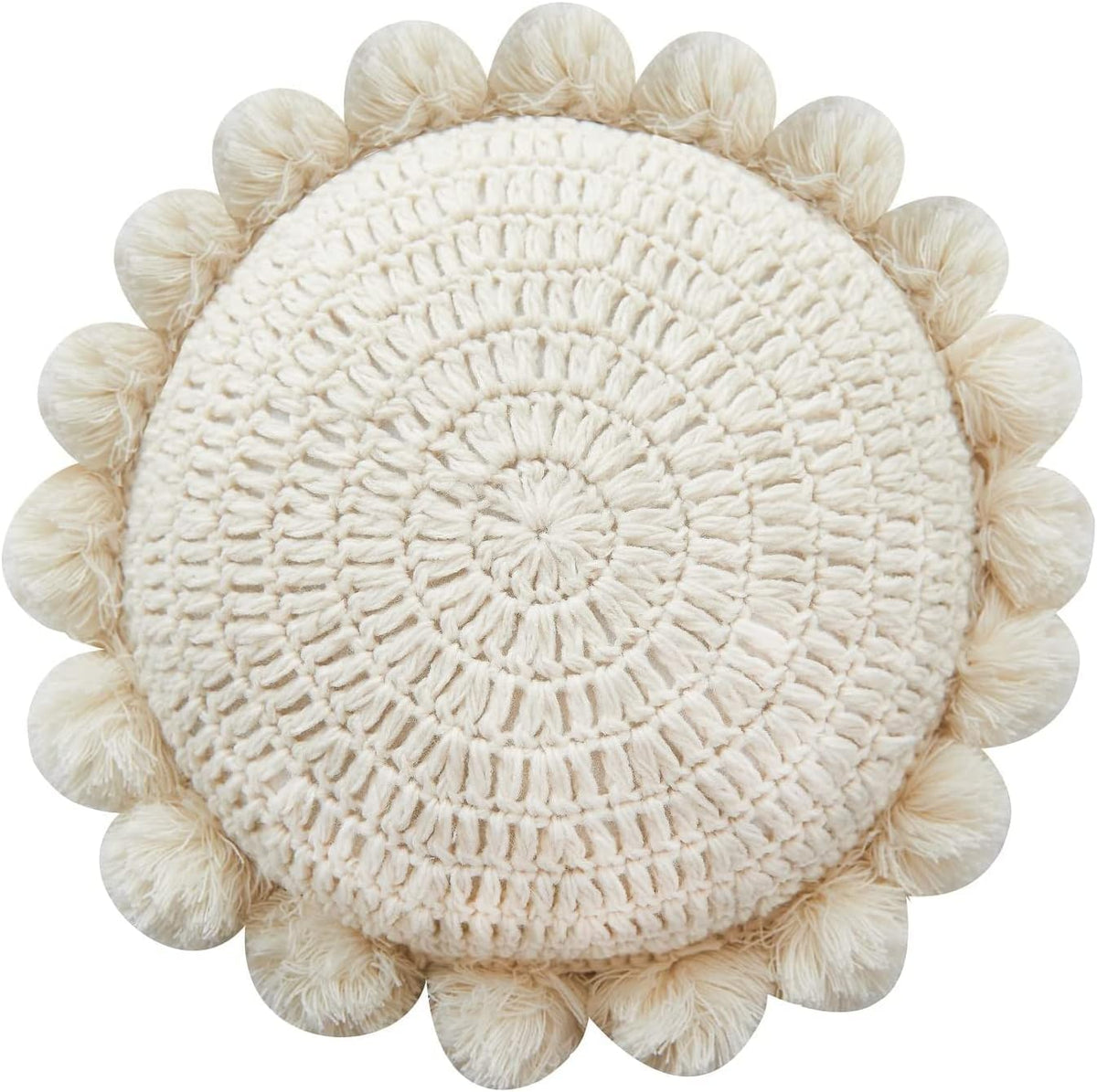 Beige Crochet Pom‑Pom Round Pillow 18 Inch