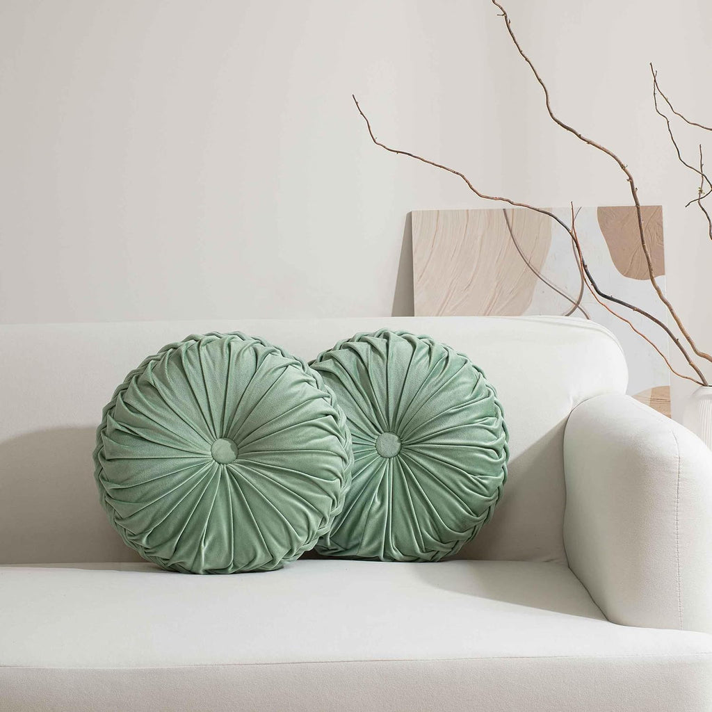 Sage Velvet Pleated Round Pillows Set of 2