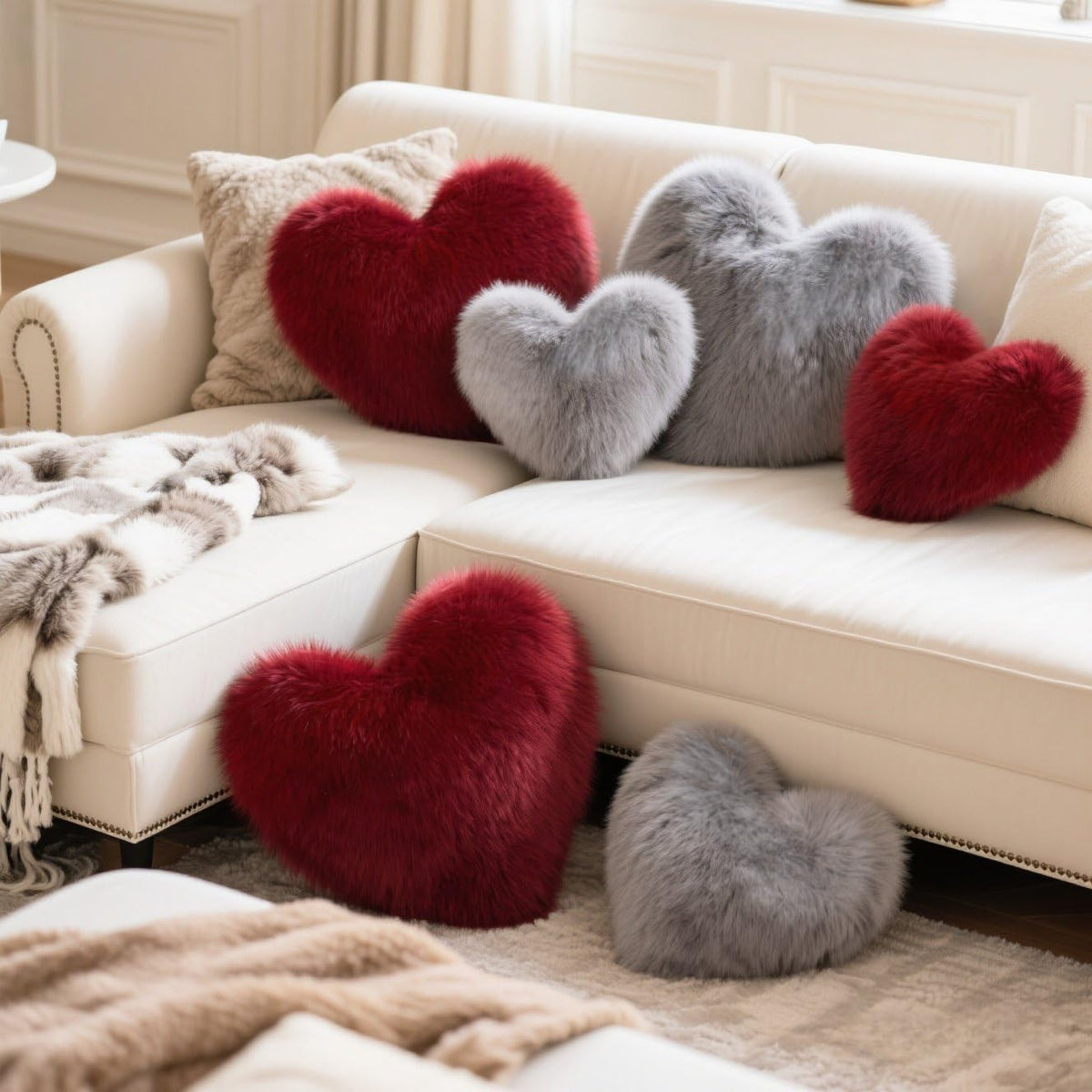 Grey Faux‑Fox‑Fur Heart Pillow Fluffy