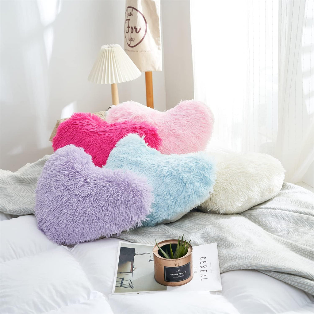 Blue Faux‑Fur Heart Pillow Fluffy