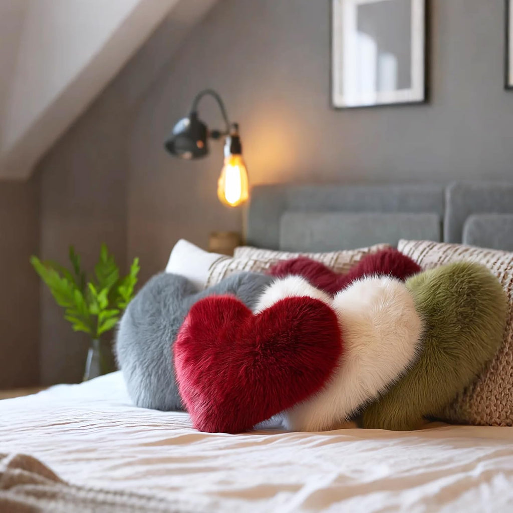 Grey Faux‑Fox‑Fur Heart Pillow Fluffy
