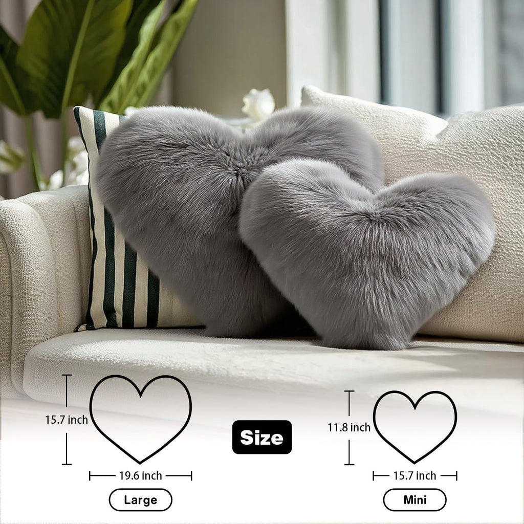 Grey Faux‑Fox‑Fur Heart Pillow Fluffy