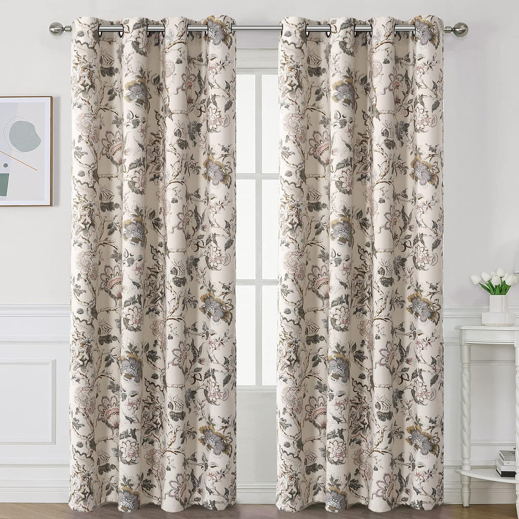 Brown Floral Blackout Curtains 84 Inch 2 Panels