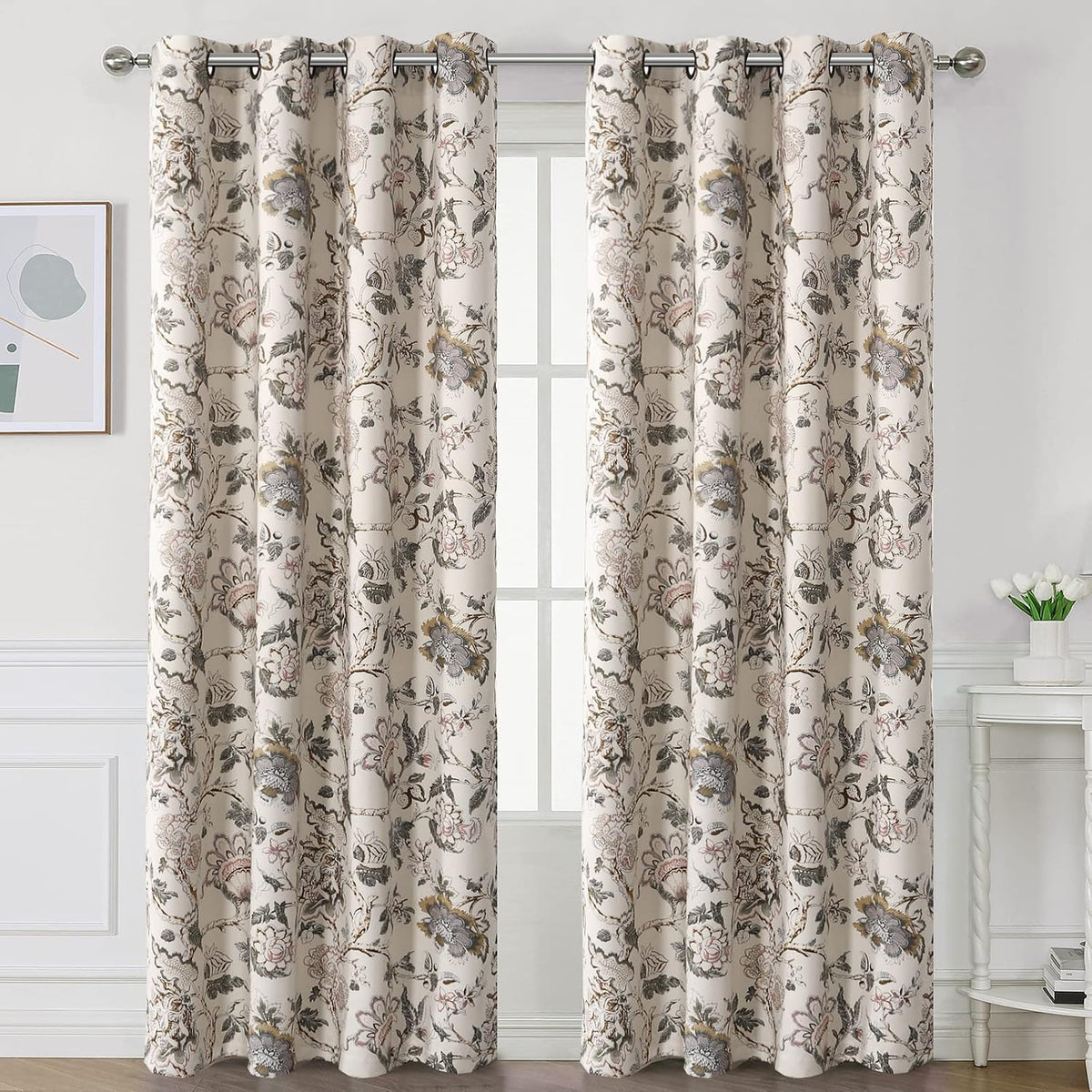 Brown Floral Blackout Curtains 84 Inch 2 Panels