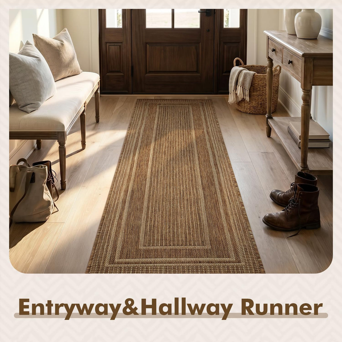 Neutral Brown Polypropylene Runner Rug 2×8 Ft