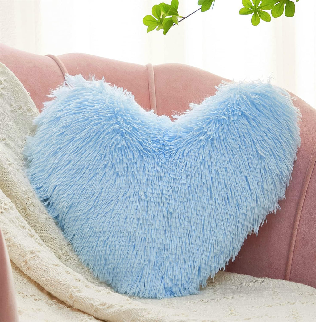 Blue Faux‑Fur Heart Pillow Fluffy