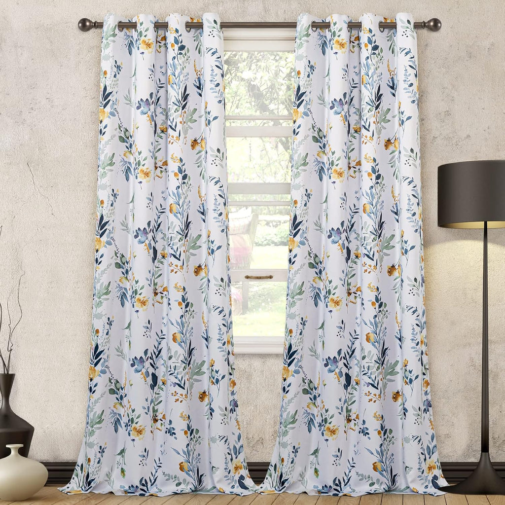 Floral Blackout Curtains 84 Inch 2 Panels Yellow‑Blue