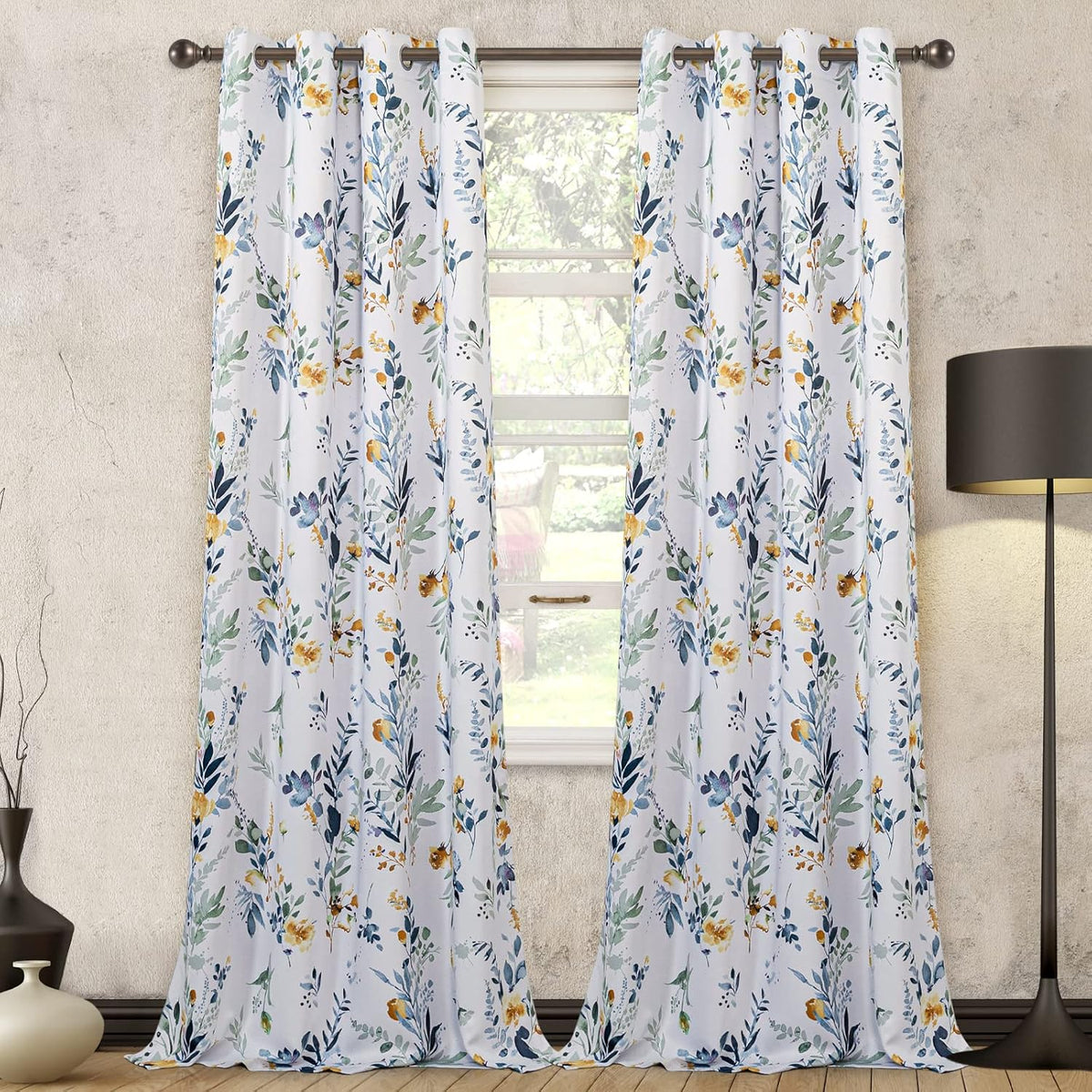 Floral Blackout Curtains 84 Inch 2 Panels Yellow‑Blue