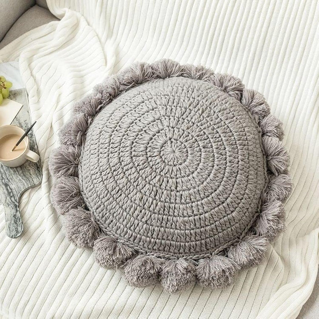 Grey Knitted Pompom Round Pillow 18 Inch