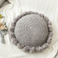 Grey Knitted Pompom Round Pillow 18 Inch
