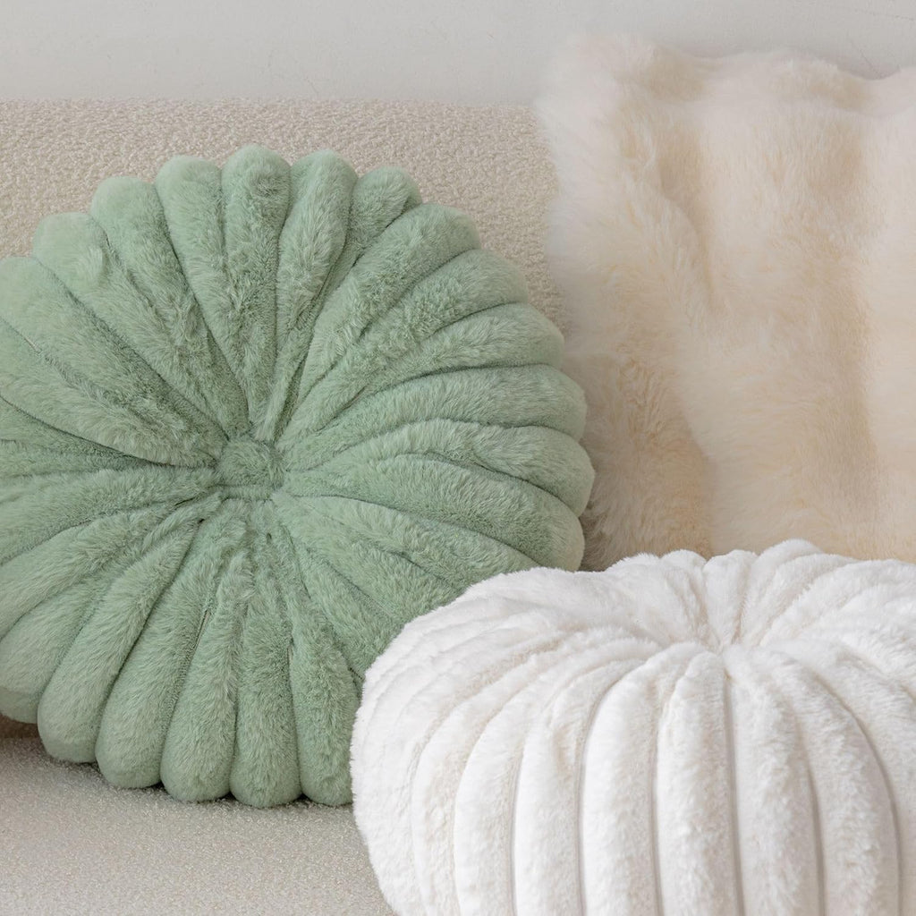 White Faux‑Fur Pumpkin Pillow 13.7" Round