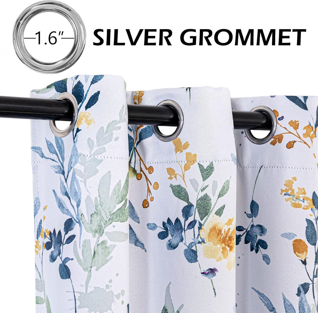 Floral Blackout Curtains 84 Inch 2 Panels Yellow‑Blue