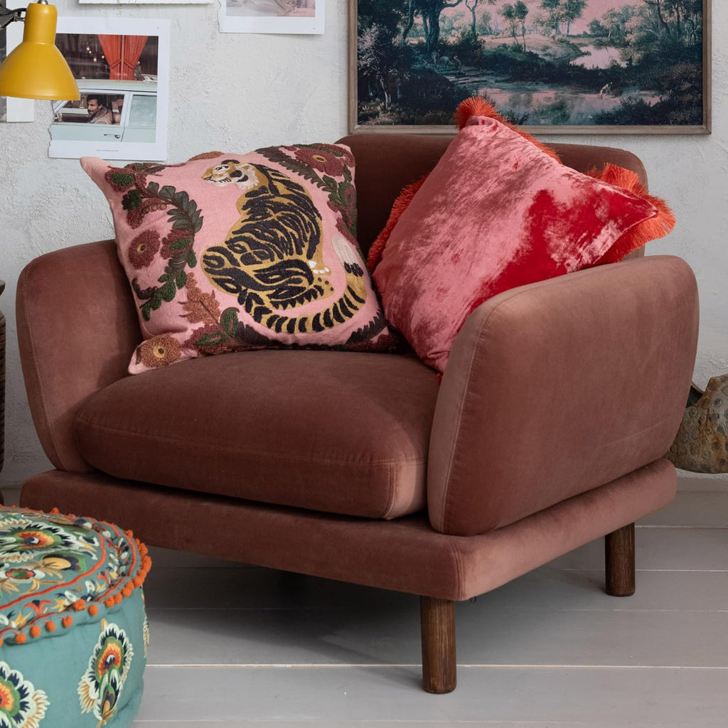 Multicolor Embroidered Tiger Cotton Pillow