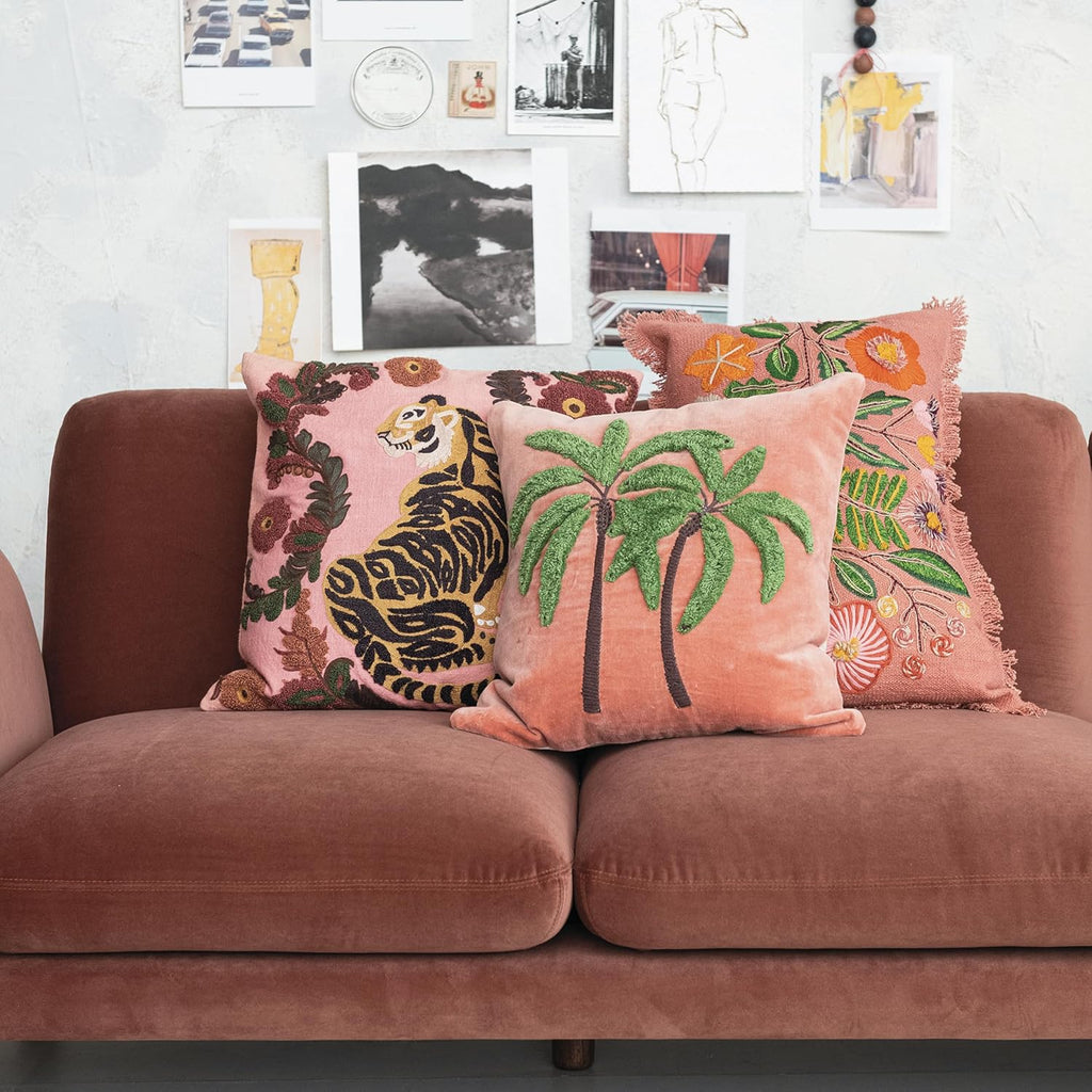 Multicolor Embroidered Tiger Cotton Pillow