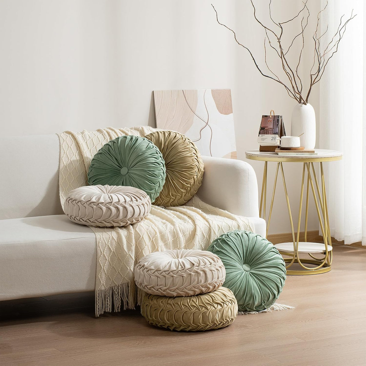 Sage Velvet Pleated Round Pillows Set of 2