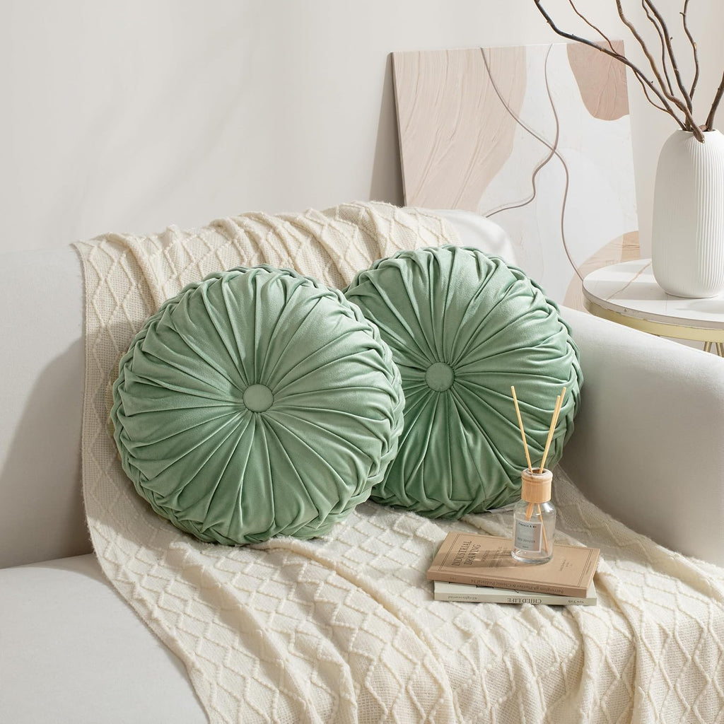 Sage Velvet Pleated Round Pillows Set of 2