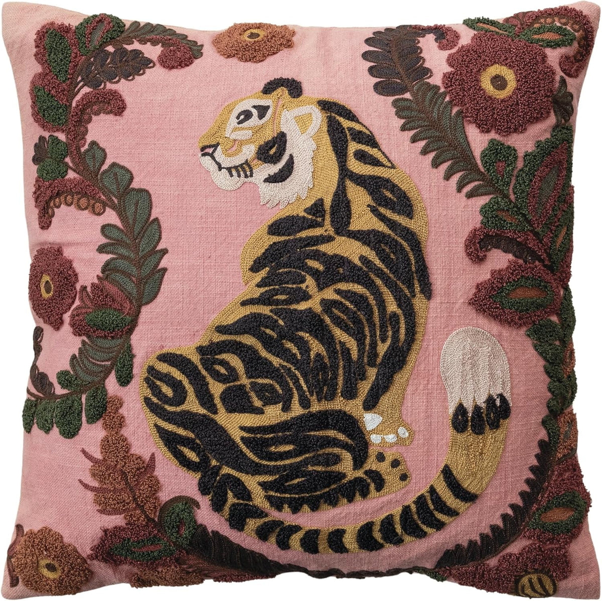 Multicolor Embroidered Tiger Cotton Pillow
