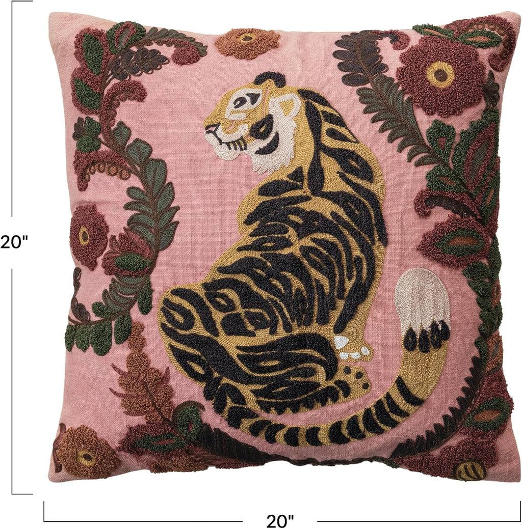 Multicolor Embroidered Tiger Cotton Pillow