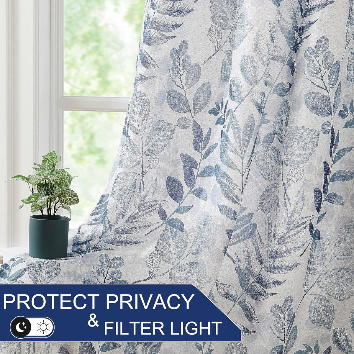 Blue‑Leaf Light‑Filtering Curtains 55×84 Inch 2 Panels